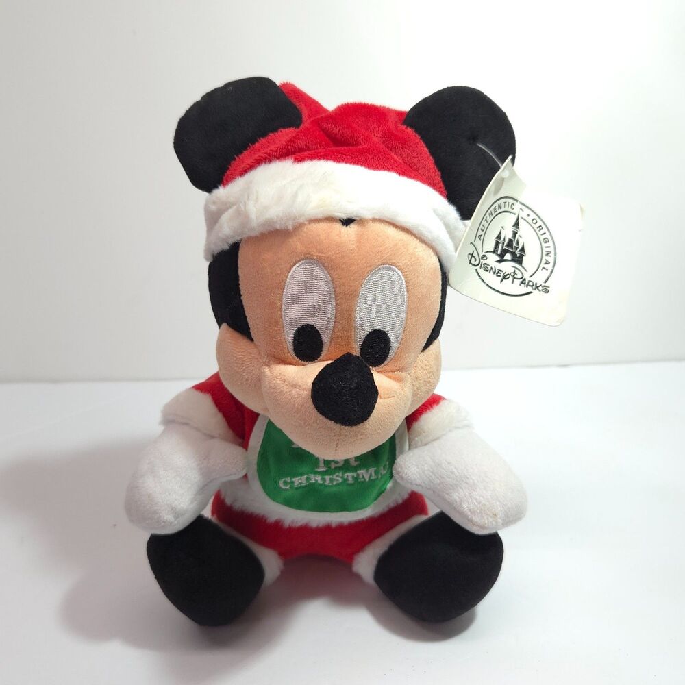 Disney Parks Baby Mickey Mouse 9 Inch Plush Baby's 1st Christmas Santa Suit